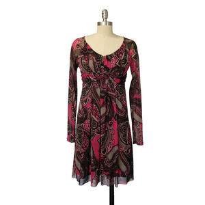 Vintage Y2K INC Micro Mesh Boho Print Fairy Dress Size M Pink Brown Paisley